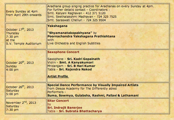 Sri Venkateswara Temple Event Schedule