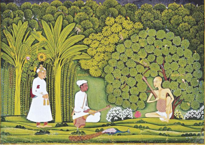 Emperor Akbar watches as Miyan Tansen receives a lesson from Swami Haridas, depicted in a painting. This raga isa creation of Tansen